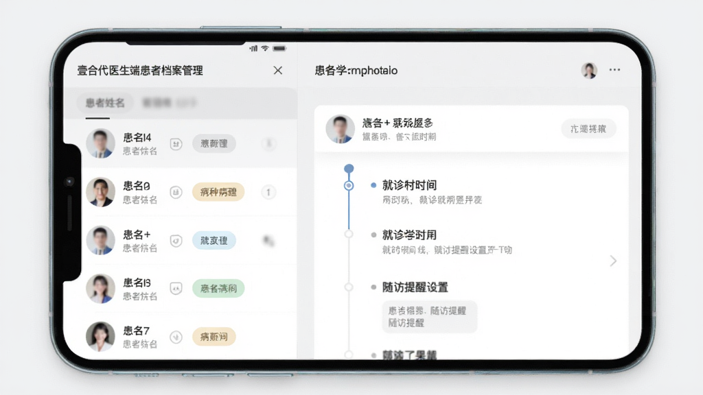 壹合代医生端患者档案管理界面图片,画面为手机屏幕展示患者列表和档案详情,左侧为患者姓名与病种标签列表,右侧展开显示某位患者的就诊时间线和随访提醒设置,整体采用浅灰与白色搭配,信息层级分明,风格素雅专业,画质清晰,无多余装饰,文字内容不可识别具体个人隐私信息。