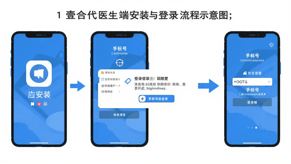 壹合代医生端安装与登录流程示意图,画面展示手机屏幕从应用安装到登录界面的分步操作,包含权限开启提示弹窗和手机号登录页面,整体采用扁平化插画风格,蓝白配色,步骤清晰,排版简洁,画质干净高清,无多余装饰元素。