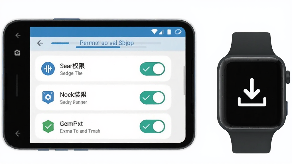 智能电话手表连权限引导界面展示图,画面主体为一部安卓手机,手机屏幕显示权限设置引导页面,包含蓝牙权限、安装权限、通知权限的开关按钮和勾选状态。手机旁边有一只智能手表,手表屏幕显示下载箭头图标。背景为白色简约风,布局为居中对齐,风格为扁平化UI风格,细节包含权限图标、开关按钮、进度提示等元素,画质清晰,干净,无多余元素。
