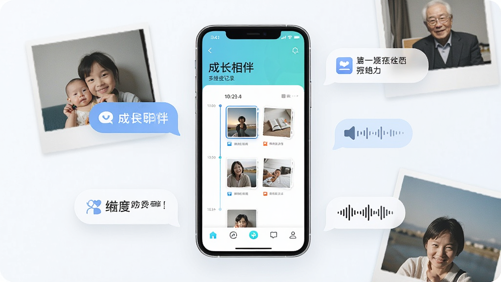 一张手机应用界面展示图,画面主体是一部智能手机,屏幕上展示