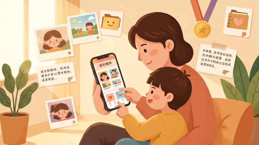一张温馨的家庭亲子场景插画,画面中央是一位家长和孩子坐在一起翻看手机上的成长记录,手机屏幕显示