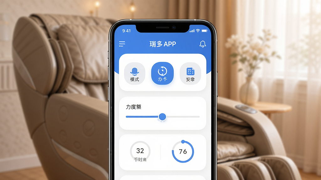 一张展示瑞多APP界面的手机样机图,画面中央是一部现代智能手机,屏幕上显示瑞多APP的控制面板,包含按摩模式选择、力度调节滑块和定时器,背景是温馨的家居环境,有按摩椅的局部轮廓,整体布局简洁明了,风格现代科技感,细节上突出UI的圆润图标和蓝色主色调,画质清晰,干净,无多余元素