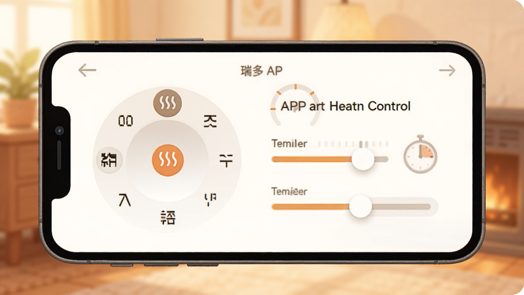 一张展示瑞多APP定时与加热控制界面的插图,手机屏幕上有圆形时间选择器和温度调节滑块,背景是温暖的室内环境,风格温馨舒适,细节上突出加热图标和定时器设计,画质清晰,干净,无多余元素