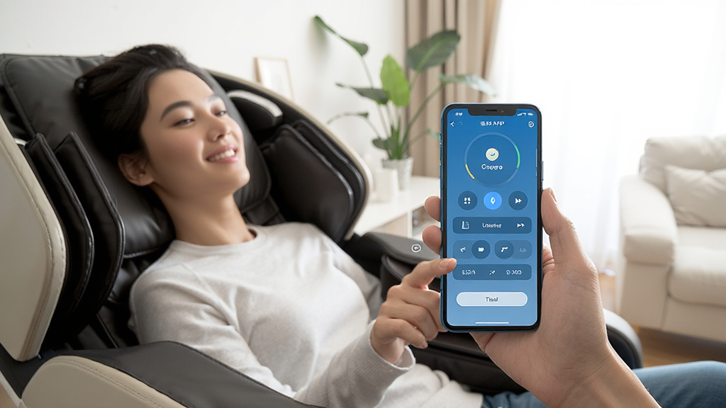 一张展示用户手持手机使用瑞多APP控制按摩椅的场景图,画面中用户坐在按摩椅上,手持手机,手机屏幕显示瑞多控制界面,背景是明亮的客厅,风格生活化,细节上突出人物放松的表情和手机操作动作,画质清晰,干净,无多余元素