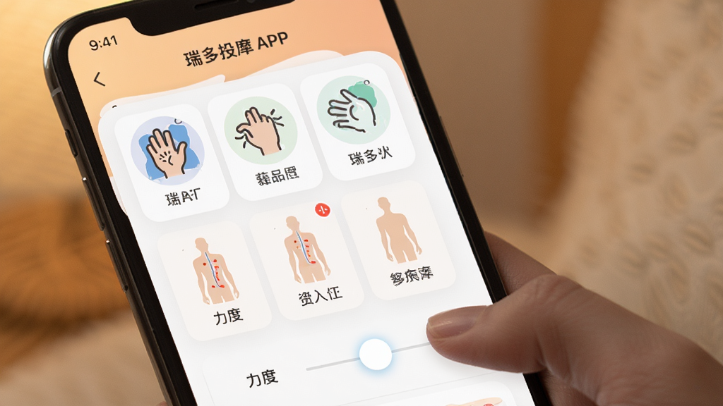 一张展示瑞多APP个性化按摩方案设置界面的手机截图,画面中手机屏幕显示多种按摩手法图标和身体部位选择图,用户正在拖动滑块调节力度,背景是柔和的暖色调,风格简洁易用,细节上突出图标设计和交互反馈,画质清晰,干净,无多余元素