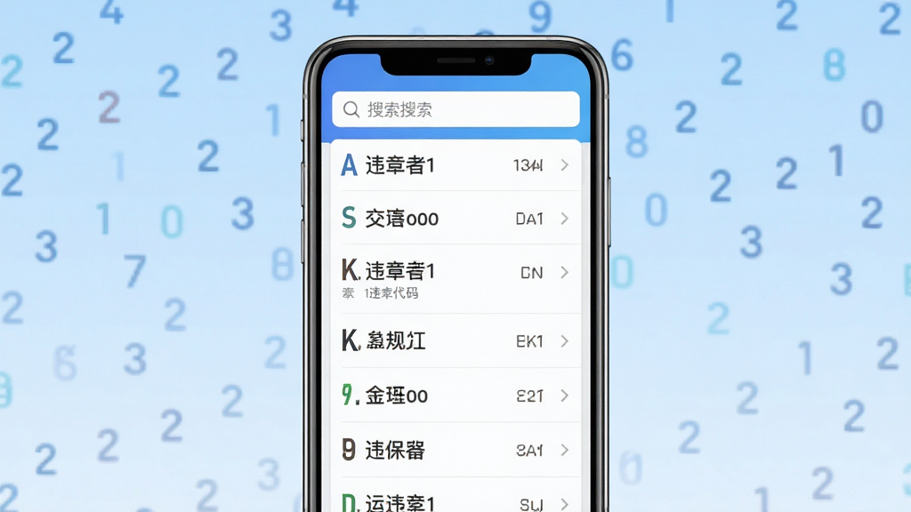 交规违章代码指南软件主界面预览图,画面中央展示手机屏幕,屏幕内是整齐排列的违章代码查询列表,顶部有搜索框,背景为淡蓝色渐变,风格简洁清爽,细节清晰,画质干净,无多余元素