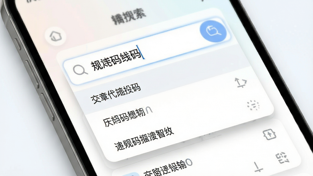 交规违章代码指南智能搜索界面生图,手机屏幕特写,展示搜索框内输入关键词后弹出的联想列表,界面配色柔和,有轻微阴影层次感,风格现代扁平化,画质干净,主体突出,无多余装饰