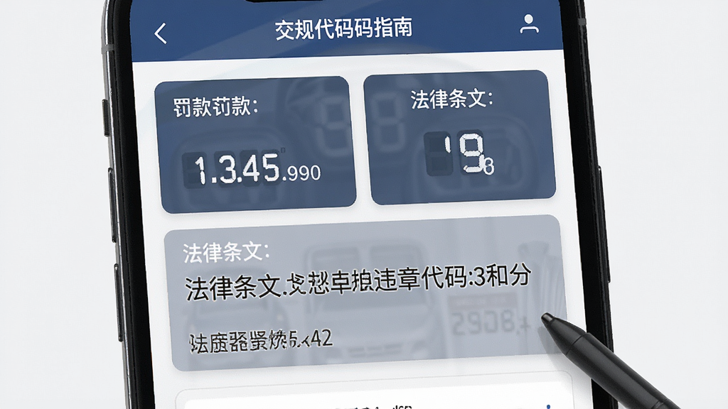 交规违章代码指南处罚详情页展示图,画面为手机屏幕放大特写,显示违章代码详情,包括罚款金额、扣分数字、法律条文等模块,排版整齐,配色沉稳,风格专业,画质干净清晰,无多余元素