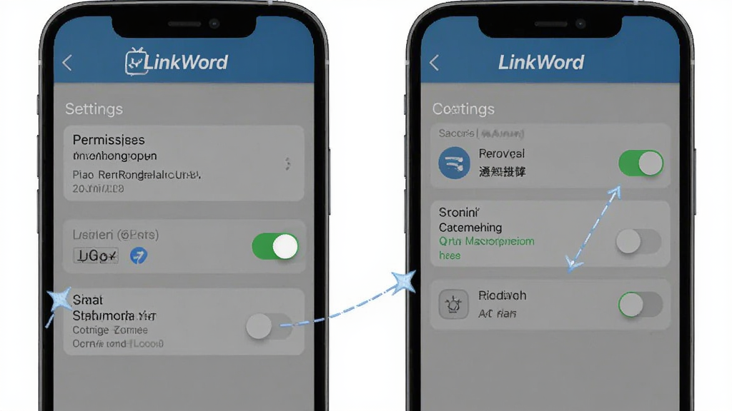 LinkWord 移动端操作界面与设置选项截图,画面展示手机屏幕中应用设置页面,包含权限管理、通知开关和存储选项,顶部有“LinkWord”标志,风格简洁,细节清晰,画质干净