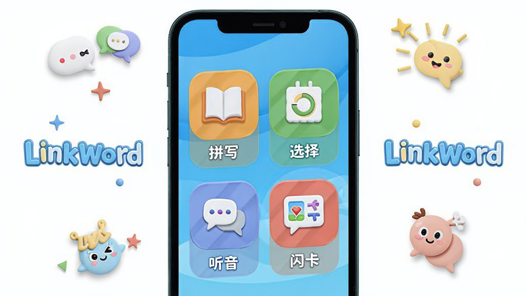LinkWord 多模式学习与测试功能展示图,画面中手机屏幕显示四种学习模式图标,包括拼写、选择、听音和闪卡,周围有“LinkWord”字样,风格活泼,布局整齐,细节丰富,画质干净