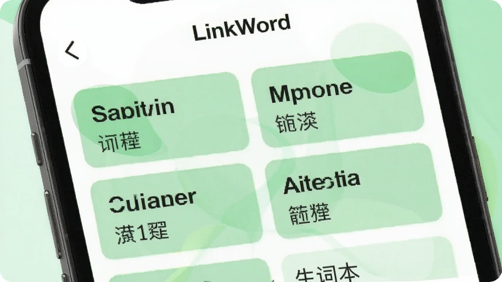 LinkWord 自定义词库与生词本界面图,画面展示手机屏幕内多个单词分组卡片,每张卡片上有英文单词和中文释义,顶部有“LinkWord”标题,背景为白色与浅绿色搭配,风格清爽,细节清晰,画质干净