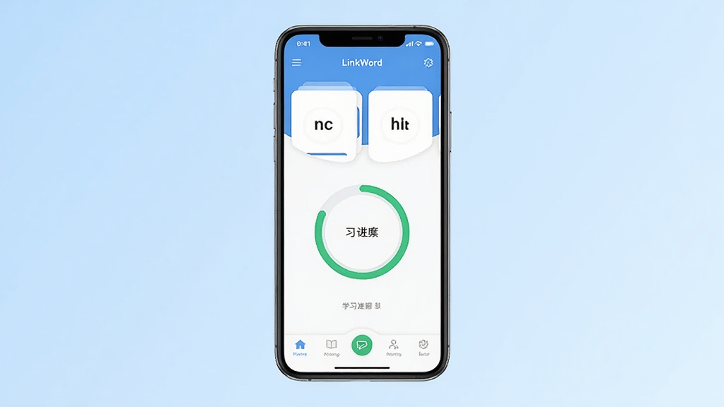 LinkWord 软件主界面预览图,画面中央展示一部智能手机,屏幕上显示 LinkWord 应用首页,包含单词卡片、学习进度环和底部导航栏,背景为浅蓝色渐变,风格清新简约,细节清晰,画质干净,无多余元素