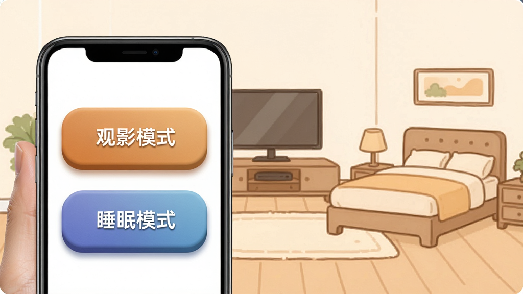 一张展示智慧万能遥控器智能场景联动功能的图片,画面中手机屏幕显示“观影模式”和“睡眠模式”两个大按钮,背景是客厅与卧室的简笔画,布局左右分栏,排版整洁,风格为温馨家居风,细节上按钮有立体感,画质高清,干净,无多余元素。
