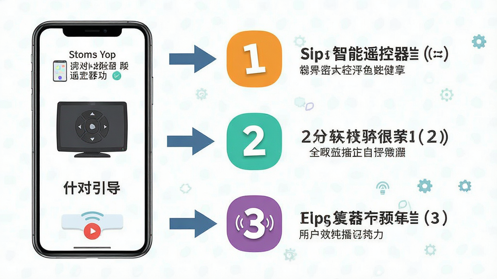 一张展示智慧万能遥控器新手操作步骤的图片,画面中手机屏幕显示配对引导界面,旁边有箭头指示步骤1、2、3,布局为流程图形式,排版清晰,风格为扁平化教程风,细节上步骤图标颜色鲜明,画质高清,干净,无多余元素。