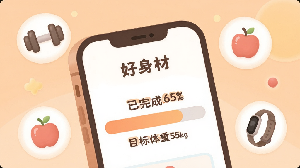 һ����ů���Ĳ廭��������һ���ֻ���ʾ�������ġ�Ӧ�õ�Ŀ�����ҳ�棬��������ʾ�������65%�����Ա��С�Ŀ������55kg�����������ֻ���Χ�����塢ƻ�����˶��ֻ���Сͼ�ꣻ����Ϊ����ɫ���䣬������Բ�ǣ����ʸɾ����޶���װ��