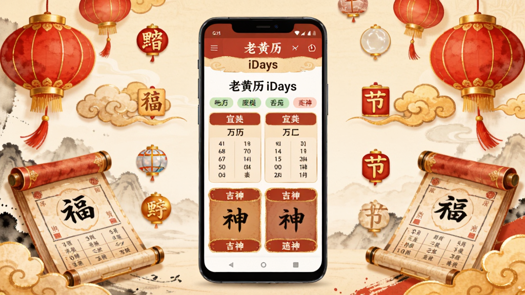 画面中央放置一部竖屏安卓手机,手机屏幕显示老黄历iDays应用主界面,界面中包含农历日期、宜忌事项、吉神方位等模块,手机周围环绕传统中国风元素如红色灯笼、金色祥云、纸质黄历卷轴与二十四节气小图标,整体采用暖色调国风插画风格,布局上手机居中,装饰元素左右对称分布,细节处加入淡淡的墨迹纹理与金色描边,画面干净整洁,高清画质,无多余杂乱元素,图片中文字为“老黄历iDays”