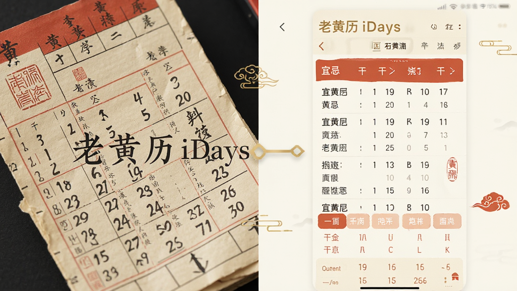 画面采用左右分栏布局,左侧为传统纸质黄历特写,右侧为老黄历iDays手机界面截图风格展示,中间以金色线条连接,界面中显示宜忌列表与干支信息,整体风格为简约国风与扁平化UI结合,色彩以米白、朱红、墨黑为主,细节处加入少量印章与云纹装饰,画面干净,高清画质,无多余元素,图片中文字为“老黄历iDays”
