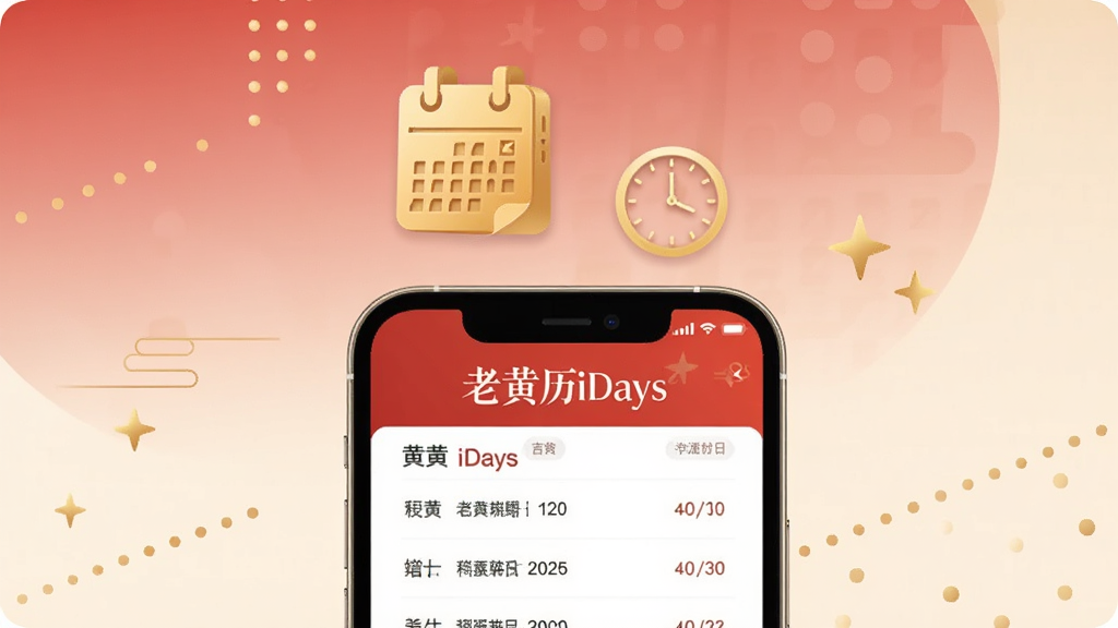 画面采用居中构图,一部手机屏幕显示老黄历iDays吉日查询结果列表,手机上方悬浮金色日历图标与时钟图标,背景为柔和渐变红色与米色,布局简洁,风格现代国风,细节处加入小颗金色星星与圆点装饰,画面干净,高清画质,无多余元素,图片中文字为“老黄历iDays”