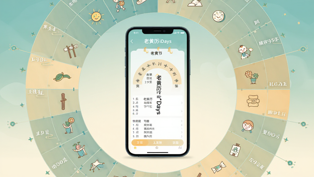 画面为横向展开的二十四节气圆形图谱,中央放置一部手机显示老黄历iDays节气提醒界面,背景为淡青色与米白色渐变,布局上图谱环绕手机,风格为扁平插画与国风结合,细节处每个节气配有小图标,画面干净整洁,高清画质,无多余元素,图片中文字为“老黄历iDays”