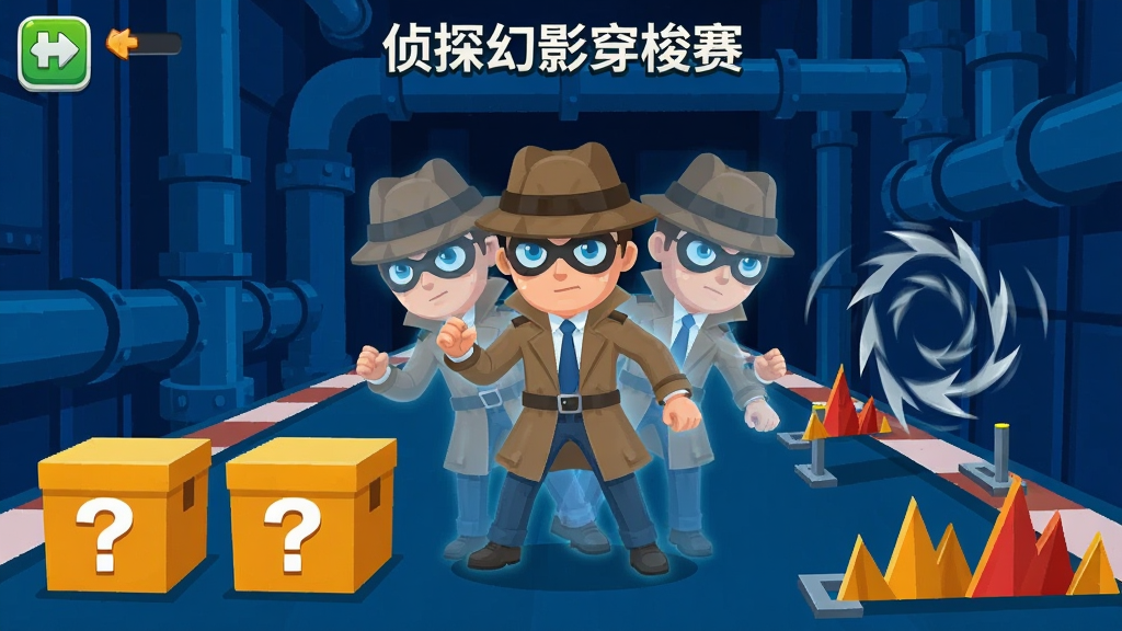 一张以“侦探幻影穿梭赛”为主题的手机游戏界面截图风格插画,画面展示一名侦探角色在赛道上触发幻影穿梭技能的瞬间,角色身体半透明化并分裂出三个残影,前方是带有问号图标的线索箱和旋转锯齿障碍,背景为深蓝色调的城市管道场景,画面采用竖屏手机比例,风格为扁平化卡通渲染,色彩对比鲜明,细节清晰,画质干净无噪点