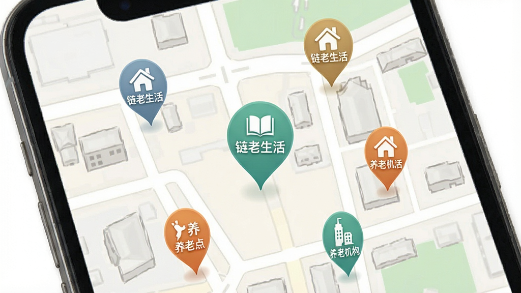 一张展示手机地图界面中标注多个养老服务点的示意图,地图上清晰显示“链老生活”应用中的养老机构标记图标,周边有道路和建筑轮廓,风格简洁直观,画质清晰干净