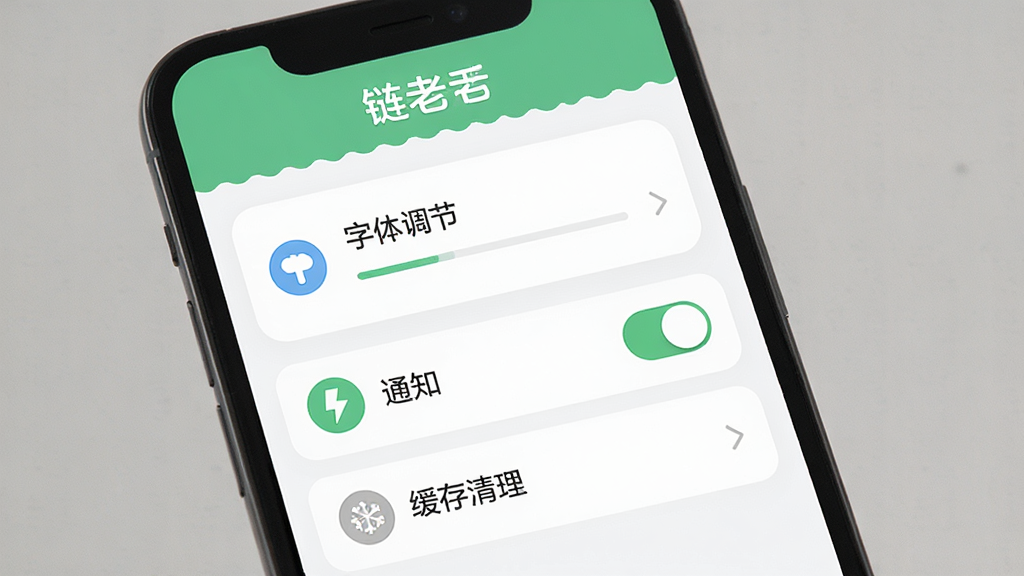 一张展示“链老生活”应用设置界面的示意图,手机屏幕上显示字体大小调节、通知开关、缓存清理等选项,界面布局清晰,图标设计友好,风格简洁明了,画质高清干净