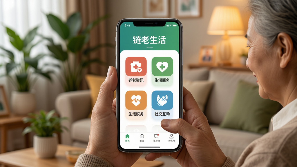 一张展示中老年用户正在使用智能手机的温馨场景图,画面中央是一部大屏幕手机,屏幕上清晰显示“链老生活”应用的主界面,界面中包含养老资讯、生活服务、社交互动等图标,背景是温暖的家庭客厅环境,有绿植和暖色灯光,整体风格温馨亲切,画质清晰干净,无多余元素