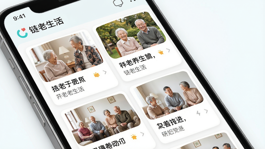 一张以“链老生活”应用界面为主题的展示图,画面展示手机屏幕中排列整齐的养老资讯卡片,卡片上有清晰的标题和配图,整体布局简洁大方,风格清新明快,画质高清干净
