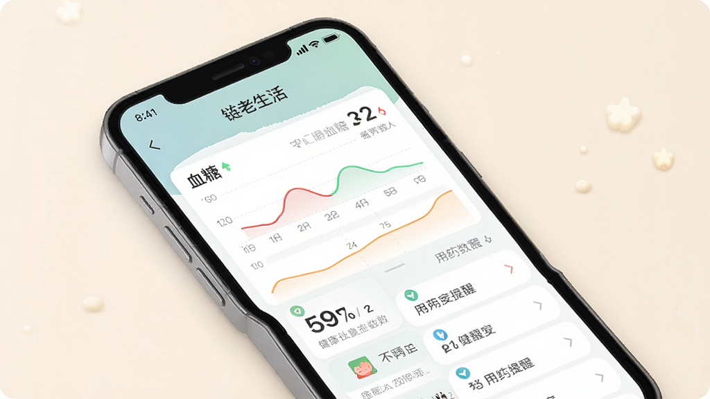 一张展示“链老生活”应用中健康管理界面的示意图,手机屏幕上显示血压、血糖等健康数据图表和用药提醒列表,界面配色柔和护眼,风格简洁实用,画质清晰干净