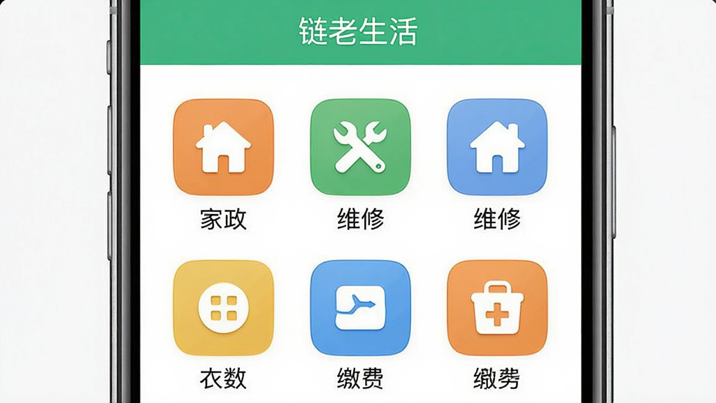 一张展示“链老生活”应用生活服务功能界面的示意图,手机屏幕上排列着家政、维修、缴费等服务图标,每个图标设计简洁易懂,整体风格清爽整洁,画质高清干净