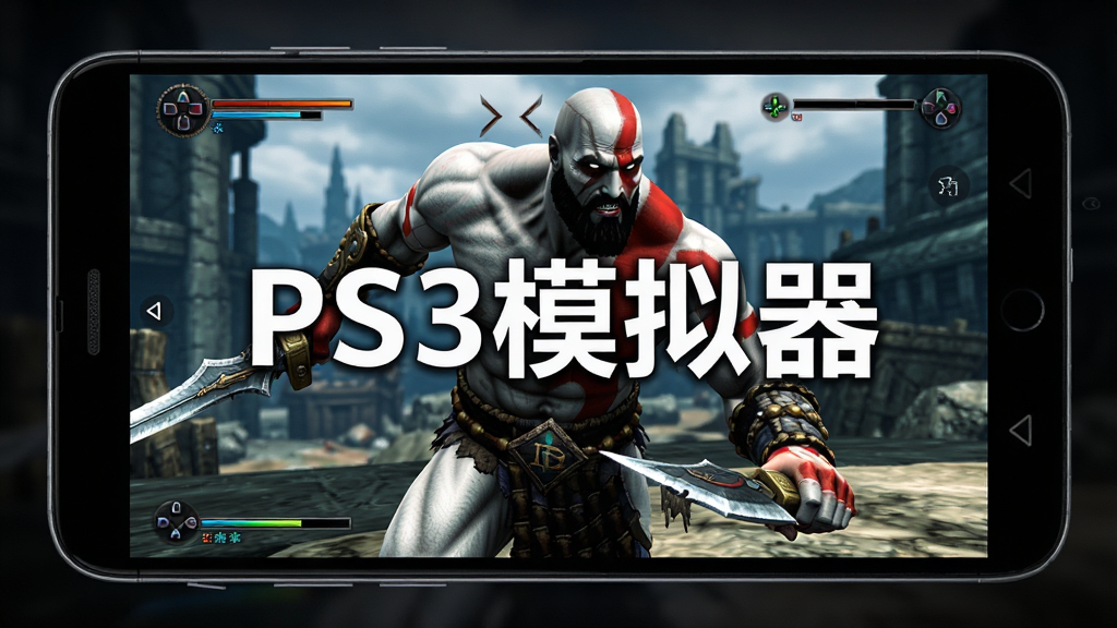 一张展示PS3模拟器在安卓手机上运行《战神3》游戏画面的图片,主体为横屏手机屏幕显示奎托斯战斗场景,布局为手机居中、画面充满屏幕,风格为游戏实机截图展示风,细节包括游戏画面色彩饱满、角色动作清晰、屏幕边缘有手机边框、背景为深色渐变,画质为高清4K,干净无多余元素,图片中打文字“PS3模拟器”