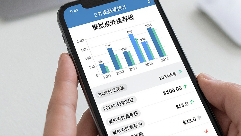 模拟点外卖存钱数据统计界面,主体为手机屏幕显示柱状图与列表记录,布局上方图表下方明细,排版规整,风格商务简约,细节包括日期标签、金额数字和趋势箭头,画质清晰干净,无多余元素,画面中带有“模拟点外卖存钱”文字