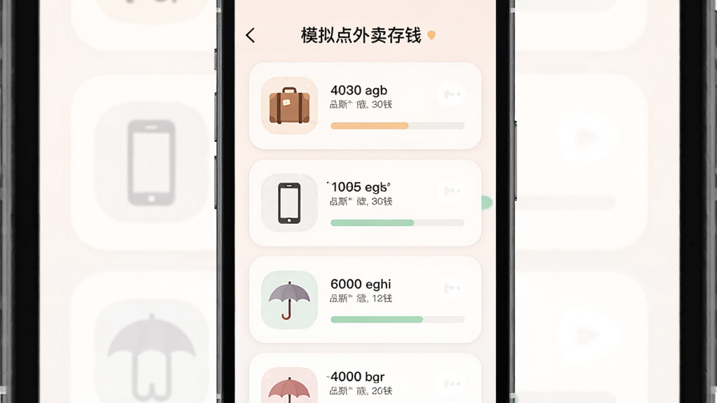 模拟点外卖存钱储蓄目标设置界面,主体为手机屏幕显示多个存钱目标卡片,布局为纵向卡片列表,排版整齐,风格柔和圆角设计,细节包括旅行箱图标、手机图标、雨伞图标和进度条,画质清晰干净,无多余元素,画面中带有“模拟点外卖存钱”文字