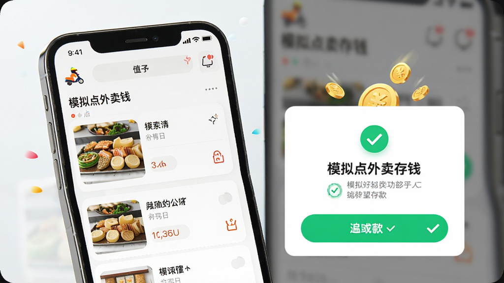 模拟点外卖存钱欲望转移功能展示,主体为手机屏幕显示点餐页面与存款成功提示弹窗,布局上下结构,排版简洁,风格轻快明亮,细节有外卖骑手图标、金币动画和绿色对勾标记,画质高清干净,无多余元素,画面中带有“模拟点外卖存钱”文字
