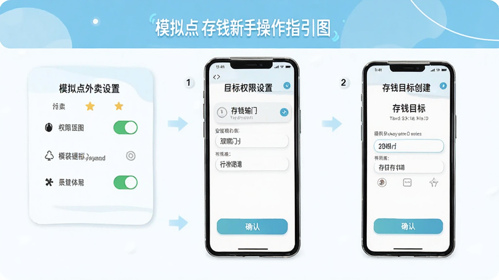 模拟点外卖存钱新手操作指引图,主体为手机屏幕展示安装权限设置与存钱目标创建步骤,布局分步展示,排版清晰,风格简洁明快,细节包括权限开关、目标输入框和确认按钮,画质干净,无多余元素,画面中带有“模拟点外卖存钱”文字
