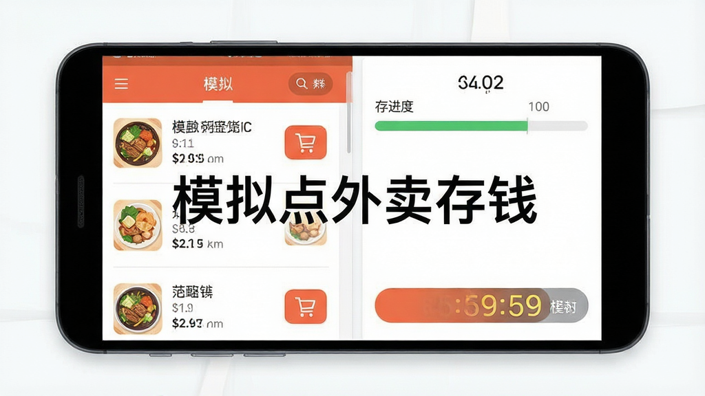 模拟点外卖存钱软件主界面展示,主体为一部安卓手机屏幕,屏幕内呈现外卖点餐列表与存钱进度条并排布局,排版清晰,风格为现代简约扁平化设计,细节包括美食图标、购物车按钮、存款数字跳动动画,画质高清干净,无多余元素,画面中央带有“模拟点外卖存钱”文字标识