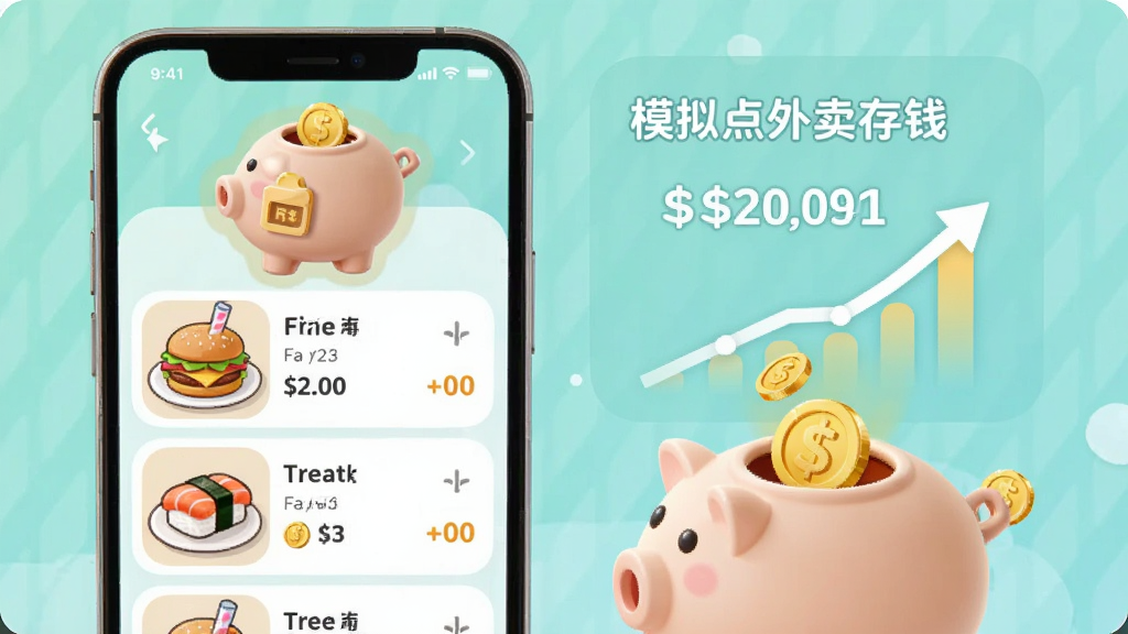 模拟点外卖存钱功能界面,主体为手机屏幕显示外卖菜单与存钱罐图标结合,布局左侧为美食列表右侧为存款金额增长动画,排版纵向分布,风格卡通清新,细节有汉堡、奶茶、寿司图标和金币落入存钱罐效果,画质明亮干净,无多余元素,画面中带有“模拟点外卖存钱”文字