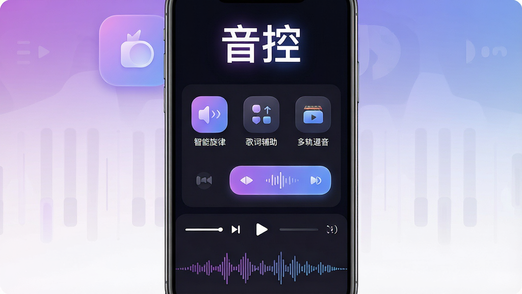 一张展示音控软件主界面的手机应用截图,画面中央是音控APP的深色主题操作面板,顶部显示