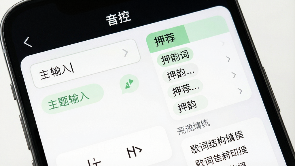 一张展示音控软件歌词编辑界面的手机截图,画面中手机屏幕显示歌词辅助编写页面,左侧是主题输入框,右侧是押韵词汇推荐列表和歌词结构模板,屏幕上方有