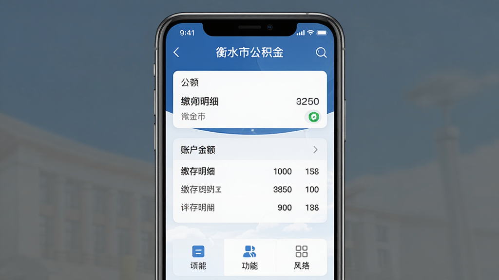 衡水市公积金App主界面截图,手机屏幕展示公积金账户余额、缴存明细和功能菜单,蓝色政务风格,界面简洁清晰,文字标注