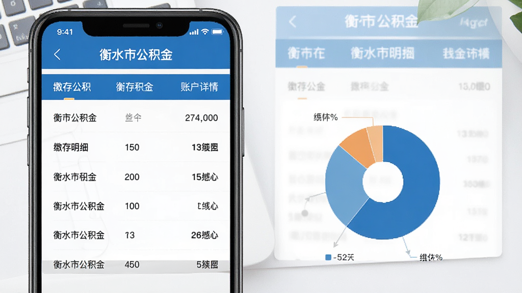 衡水市公积金App账户详情页面,手机屏幕显示缴存明细列表和饼状图统计,蓝色主题配色,数据清晰排列,文字标注