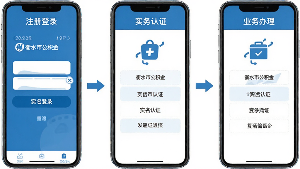 衡水市公积金App移动端操作流程图,手机屏幕展示注册登录、实名认证、业务办理三个步骤,蓝色扁平化风格,界面标注