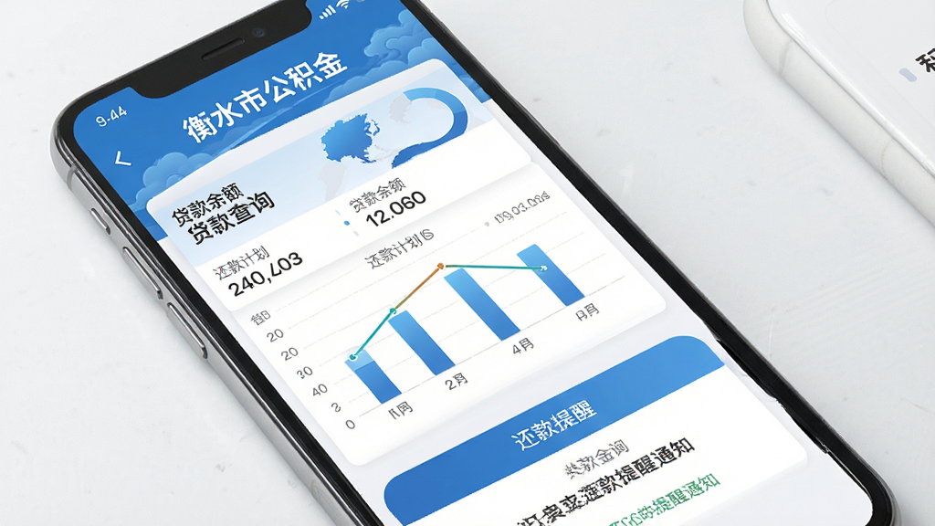 衡水市公积金App贷款查询界面,手机屏幕展示贷款余额、还款计划和还款提醒通知,蓝色政务风格,数据图表清晰,文字标注