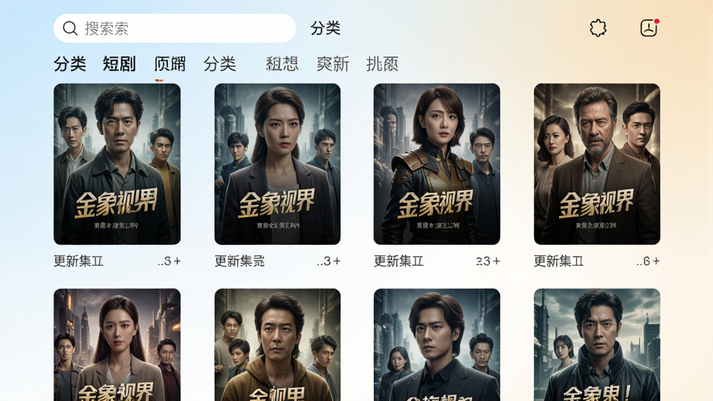 金象视界应用内短剧分类页面,展示多个剧集海报以网格形式排列,海报上印有剧名和更新集数,页面顶部有搜索框和分类标签,背景为浅色渐变风格,整体排版整齐清晰,画面干净无杂乱元素,高清画质