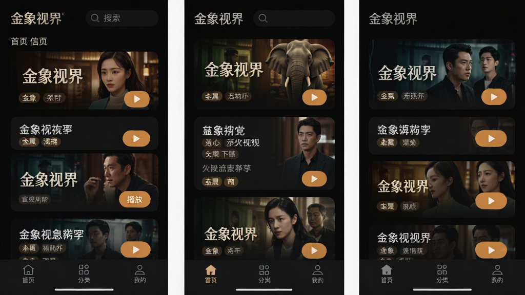 金象视界首页推荐信息流界面,竖向排列多张短剧封面卡片,每张卡片包含剧名、标签和播放按钮,顶部有金象视界Logo和搜索入口,底部导航栏有首页、分类、我的等图标,整体为暗色模式搭配暖色高亮,界面清爽,高清画质