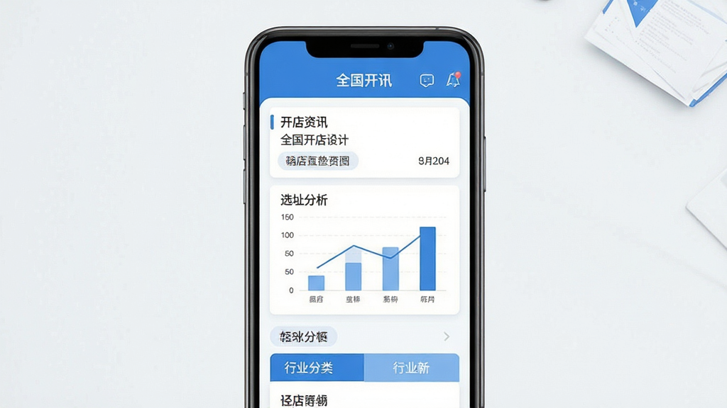 全国开店 软件主界面 手机屏幕展示 开店资讯列表 选址分析图表 行业分类导航 扁平化设计风格 蓝色与白色主色调 干净整洁 高清画质 无多余元素