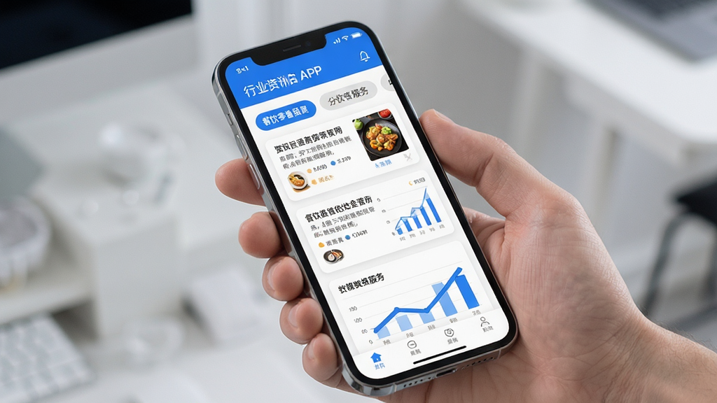 全国开店APP 行业资讯聚合页面 手机界面 餐饮零售服务分类标签 资讯卡片流 数据图表 现代简约风格 蓝白配色 高清画质 干净排版