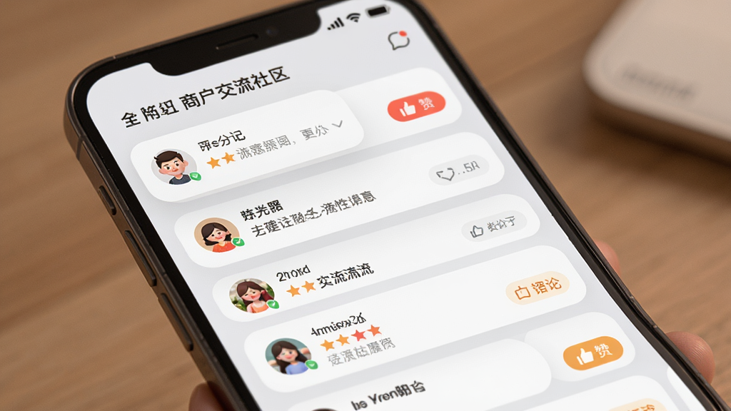 全国开店APP 商户交流社区界面 手机屏幕 帖子列表 评论互动 用户头像 点赞按钮 温暖社区氛围 浅灰色背景 圆角卡片 高清画质