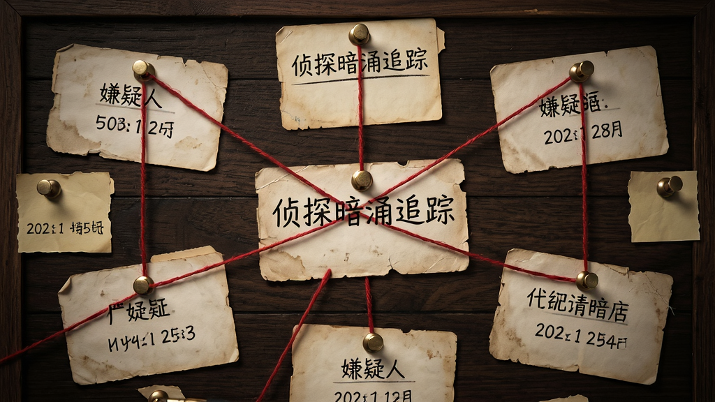 画面主体为一块深色木质调查板,板上钉满