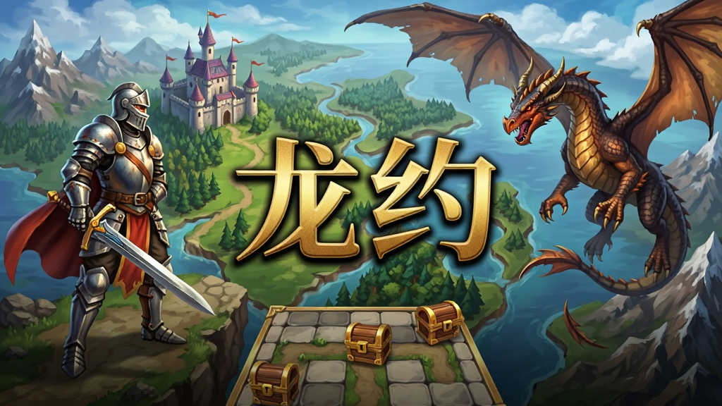 画面中央是广阔奇幻的龙之大陆俯瞰图,左侧站立着一位手持长剑的骑士英雄,右侧盘旋着一条威武的巨龙,背景有城堡、森林与山脉,画面下方排列着推箱子解谜的方格地图与宝箱元素,整体布局采用游戏宣传海报风格,细节丰富,画质高清,画面干净,无多余元素,图片中央用金色大字写着“龙约”